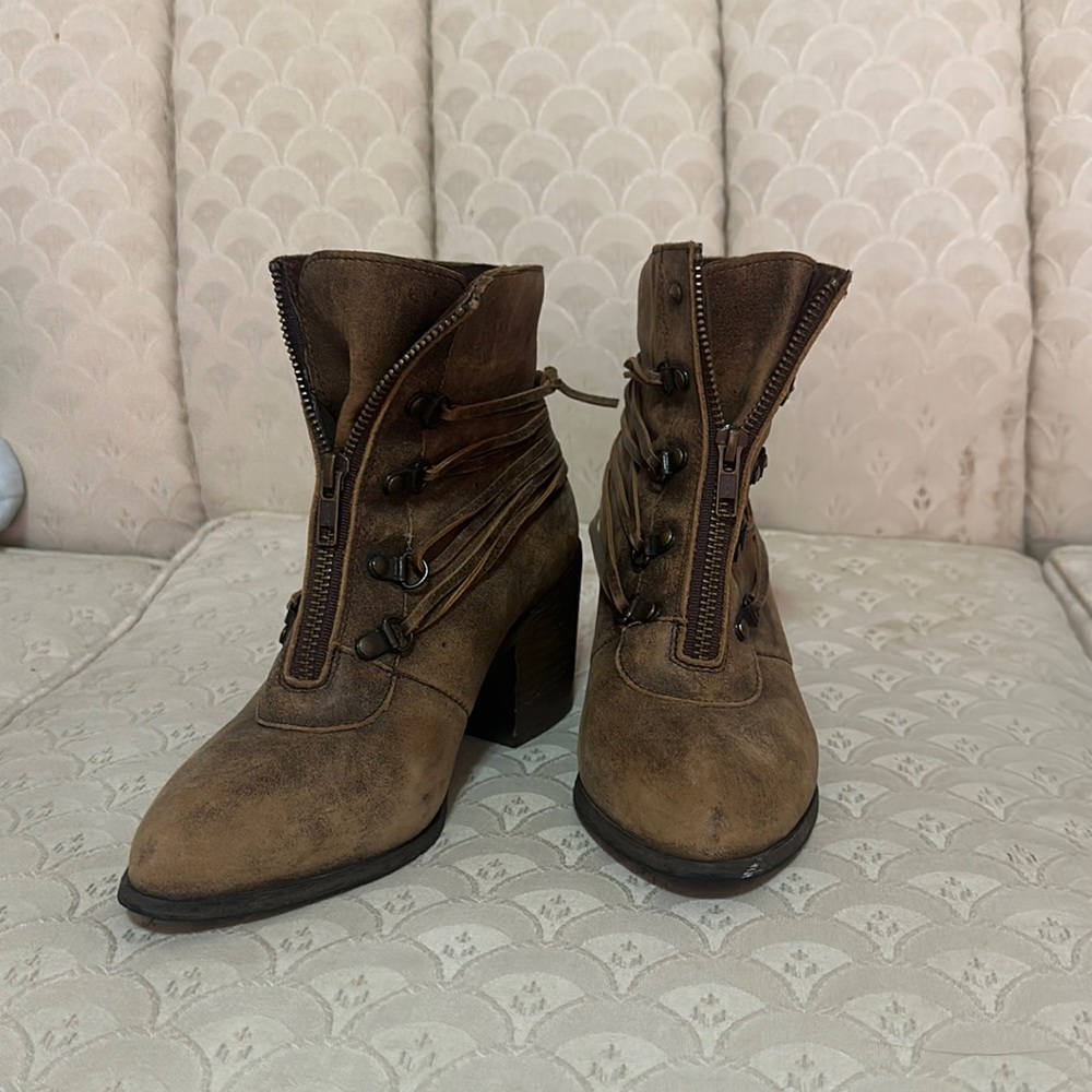 Brown zipper booties with heel
